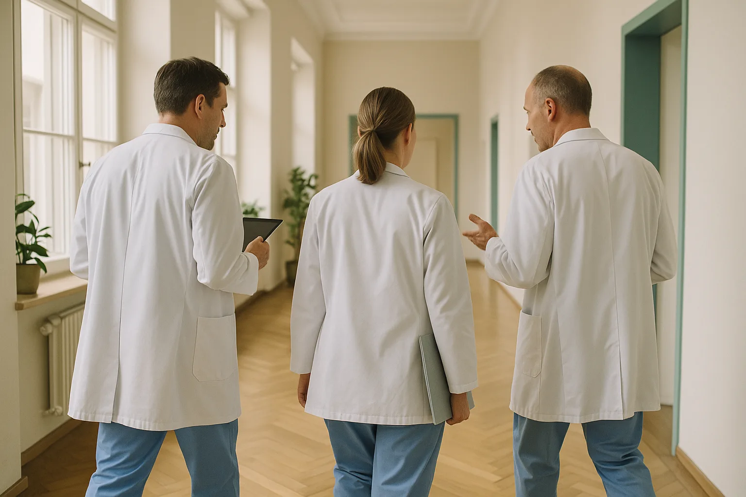 Image symbolique d'une équipe médicale dans un couloir de clinique lumineux
